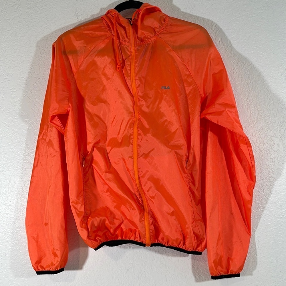 FILA Orange Windbreaker Hoodie With Zipper Front Pockets Size Small